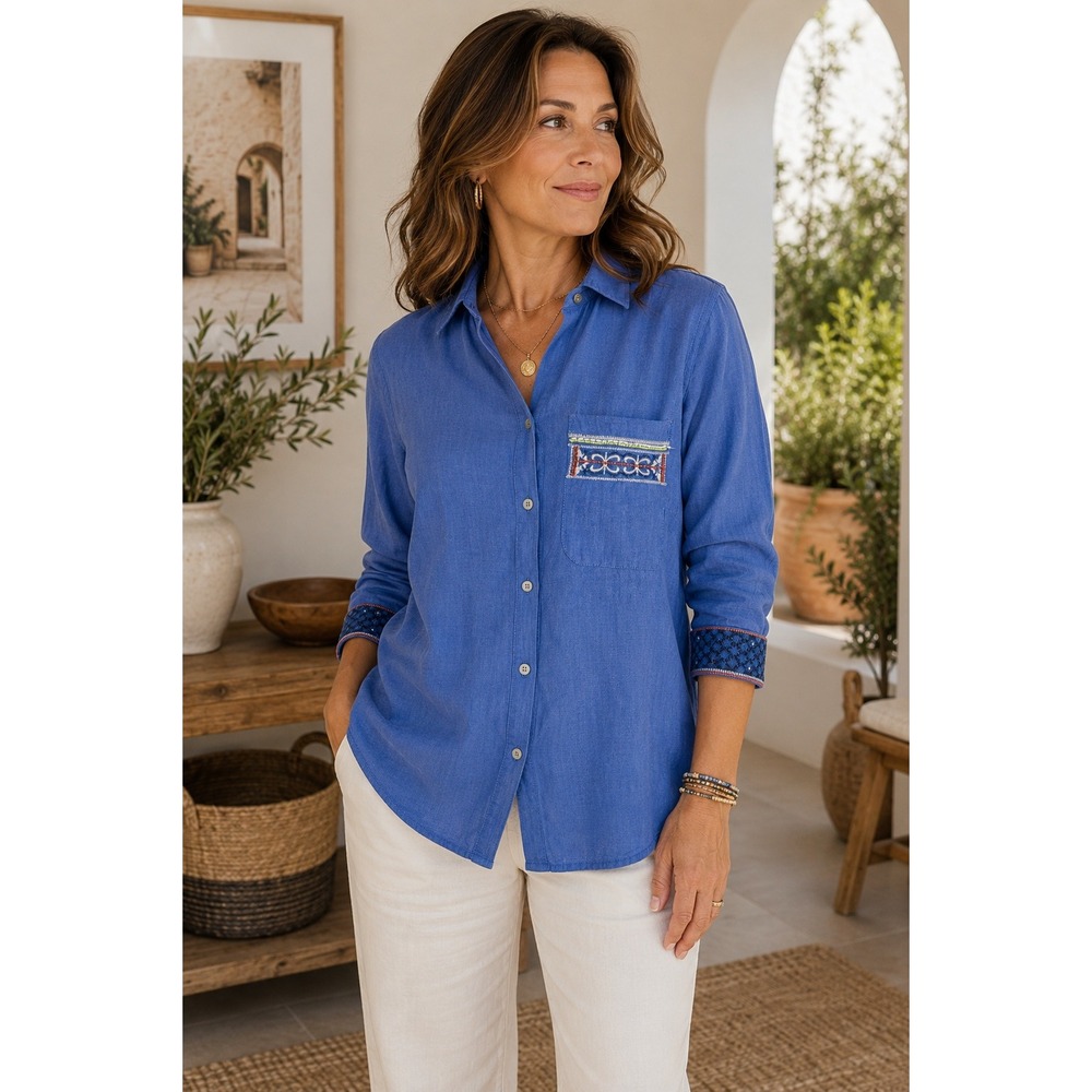 hico's Embroidered Beaded Cotton Button Front‎ Shirt Blue Boho Artisan Size 1